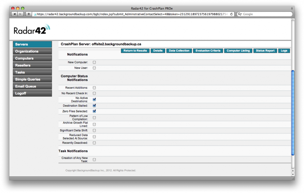 Use Radar42 to select which advanced CrashPlan PROe reports and alerts go to which administrator or help desk account.